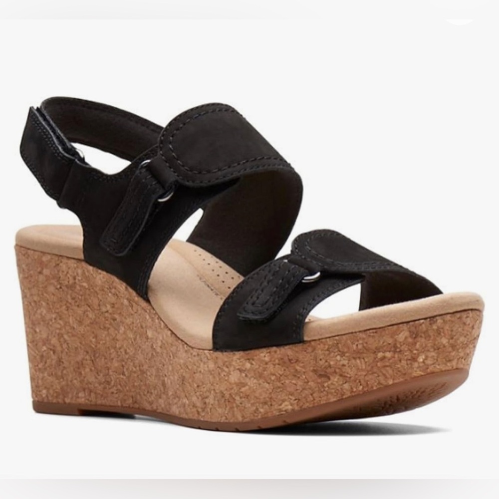 Clarks Rose Lane Black Nubuck Cork Wedge Heeled Sandals size 9.5 wide D women’s